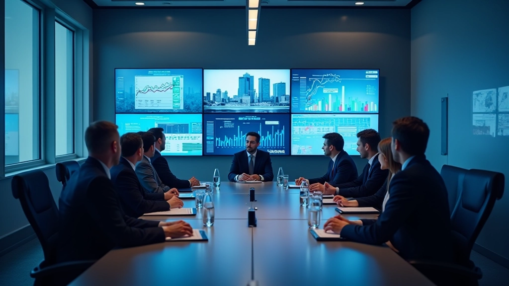 Professional conference room with financial analysis displays and business documents